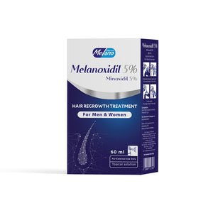 Melanoxidil 5% hair regrowth treatment packaging on a white background