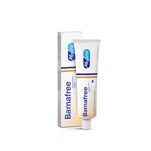Barnafree Herbal Natural Ointment packaging, featuring a white tube with blue and orange branding and a box with the same design.