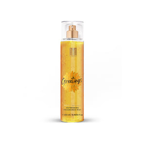 Refreshing fragrance Greetings Melano Body Splash bottle with a sunflower design on a white background