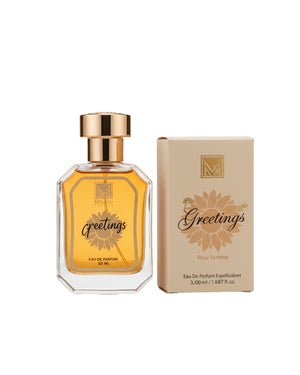 Perfume bottle and packaging with Greetings Eau de Parfum text on a white background