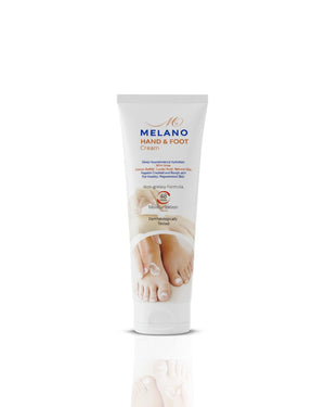 Melano Hand & Foot Cream tube on a white background