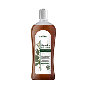 Bottle of Melano Liquorice Shower Gel Scrub on a white background