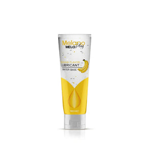 Tube of Melano melo ply intimate lubricant gel Banana Flavornon a white background