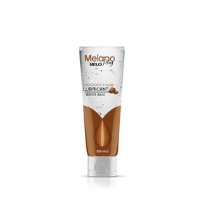 Tube of Melano melo ply intimate lubricant gel Chocolate Flavor on a white background