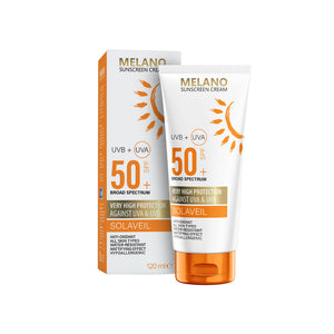 Melano sunscreen cream tube and packaging on a white background