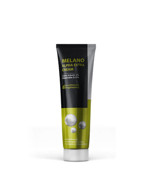 Tube of Melano Alpha Extra Cream on a white background