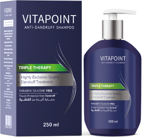 Vitapoint anti dandruff shampoo bottle and packaging on a white background