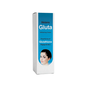 Melano Gluta Whitening Cream box with a woman's face on a white background