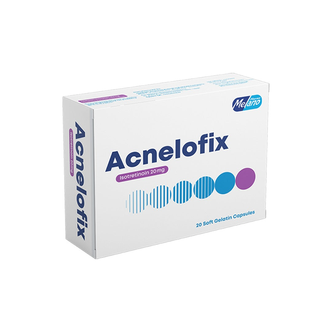 Acnelofix 20mg Capsules for Severe and Nodular Acne packaging on a white background