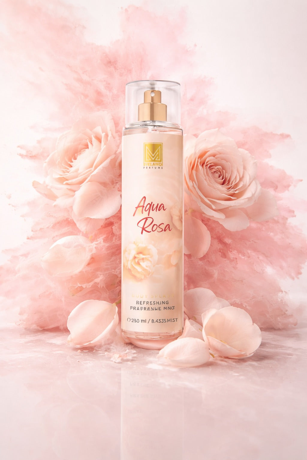 Aqua Rosa Body Splash bottle surrounded by pink flowers on a soft pink background