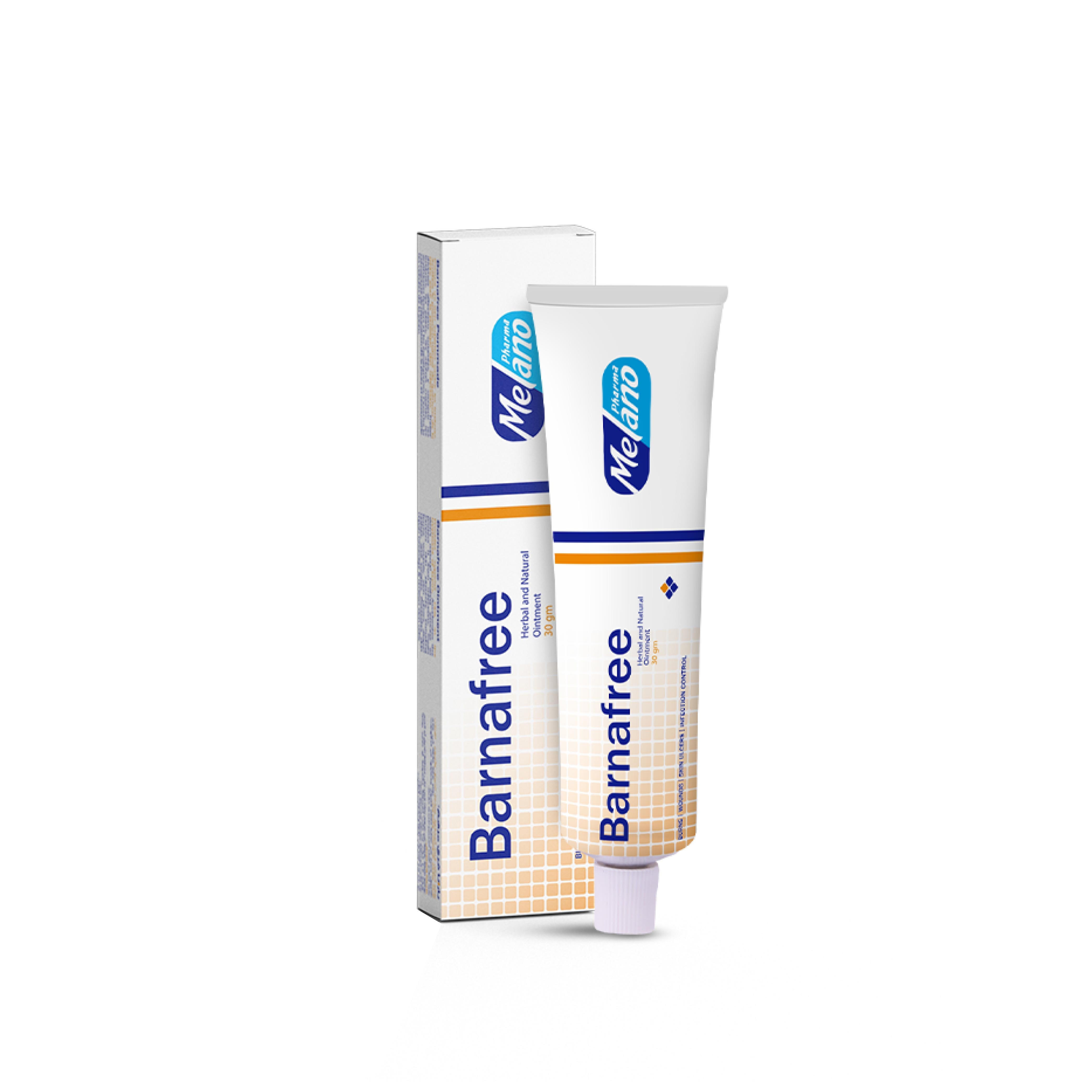 Barnafree Herbal Natural Ointment packaging, featuring a white tube with blue and orange branding and a box with the same design.