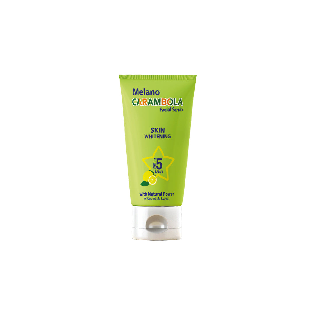 Green facial scrub tube labeled Melano Carambola Scrub
 on a white background