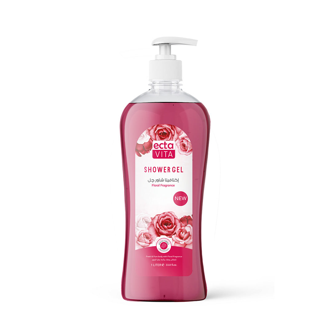 Pink bottle of Ectavita Floral shower gel design on a white background