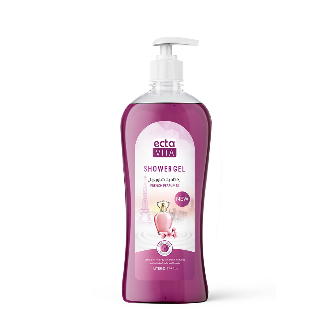 Purple bottle of Ectavita Shower gel with French perfumes on a white background