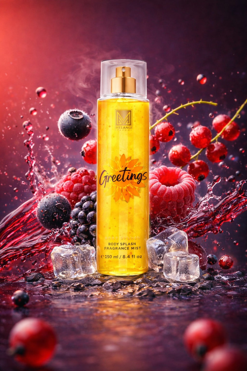 Body splash bottle with berries and ice cubes on a dark background