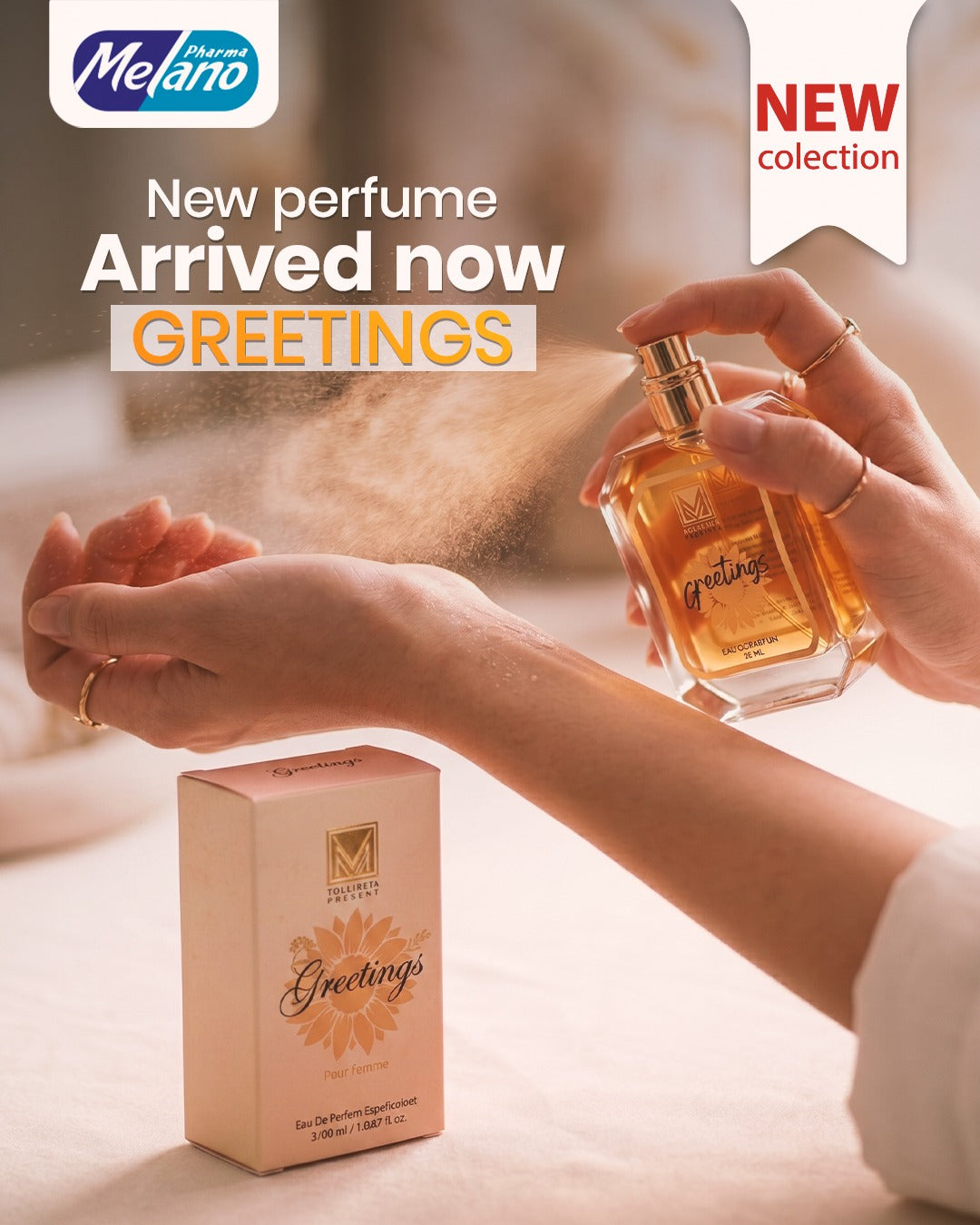 Advertisement for Melano perfume with a hand holding a bottle and box labeled 'Melano perfume  Greetings'.