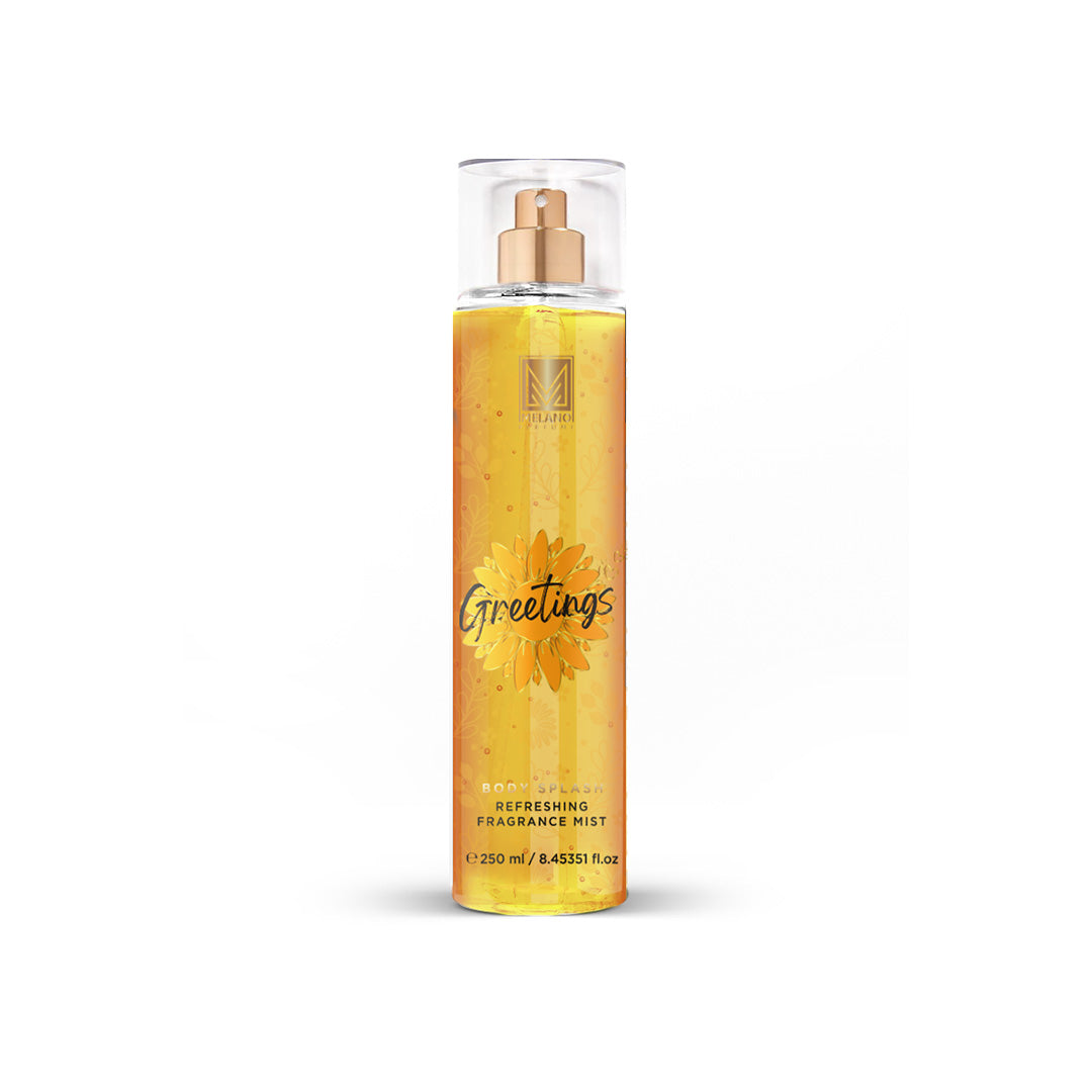 Refreshing fragrance Greetings Melano Body Splash bottle with a sunflower design on a white background