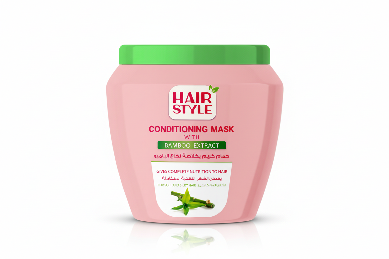 Pink Hairstyle hair conditioning mask with bamboo jar with green lid on a white background