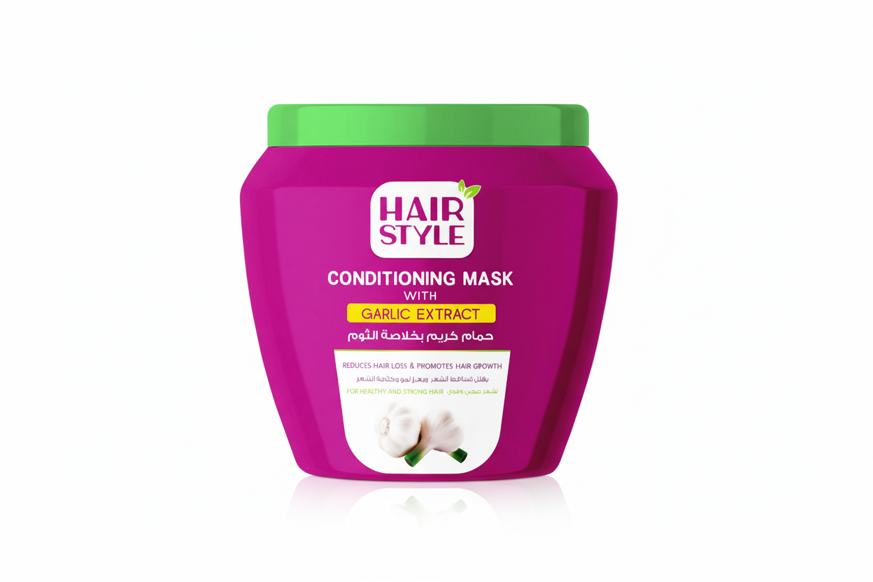Purple Hairstyle hair conditioning mask with garlic with green lid on a white background
