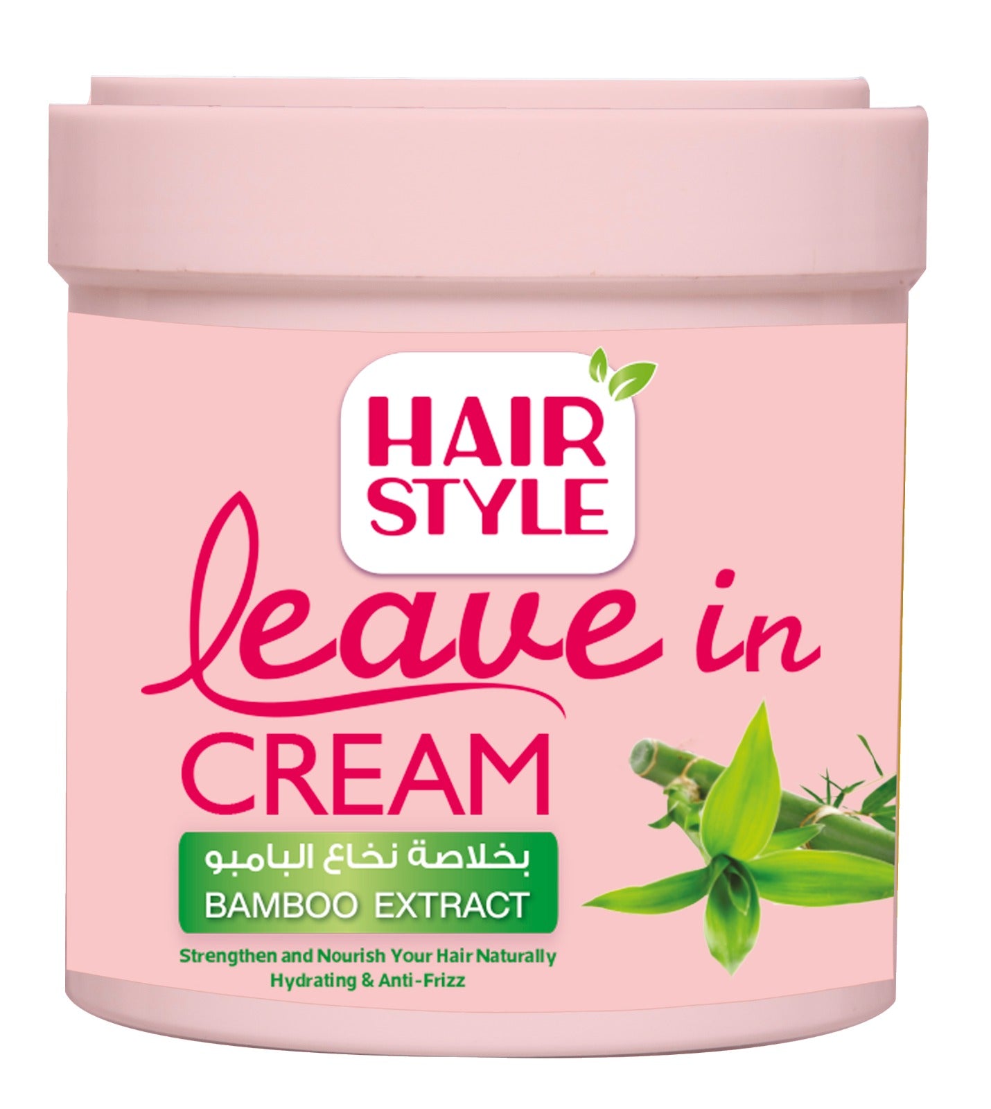 A container of Hairstyle Leave in Cream with Bamboo extract, primarily pink in color with images of bamboo leaves.