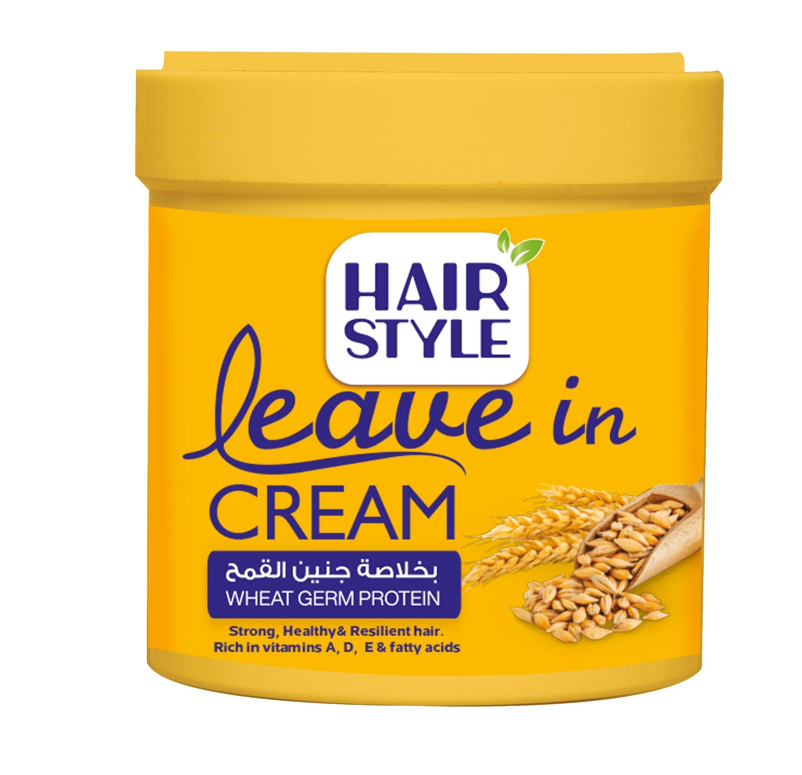 A container of Hairstyle leave in cream with wheat germ protein, labeled in English and Arabic, with an image of wheat on the front.