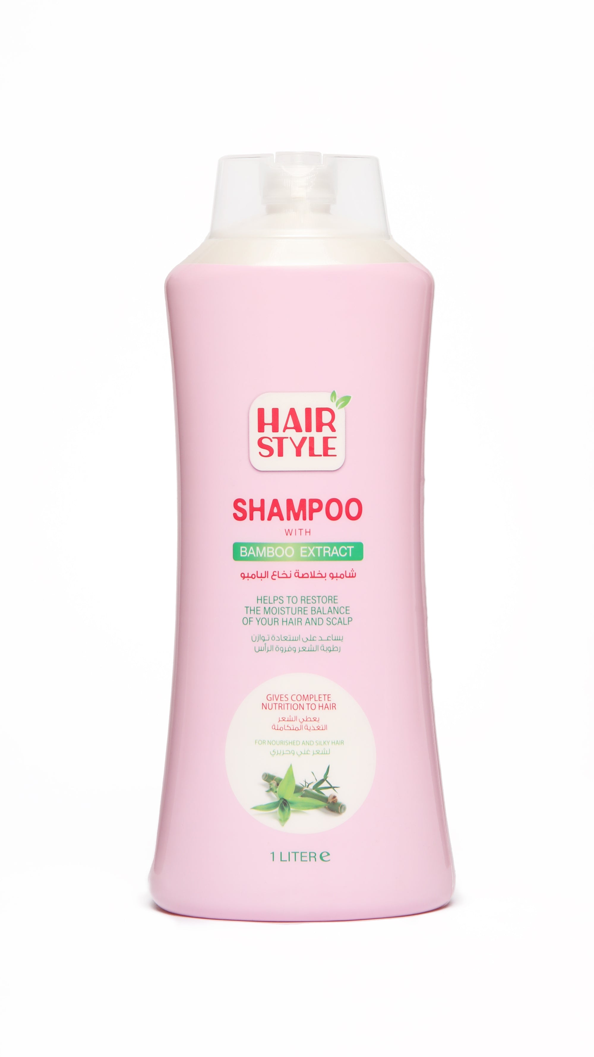 A bottle of Hairstyle shampoo with bamboo extract, 1000 ml, in a pink container with labeling and branding.