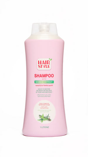 A bottle of Hairstyle shampoo with bamboo extract, 1000 ml, in a pink container with labeling and branding.