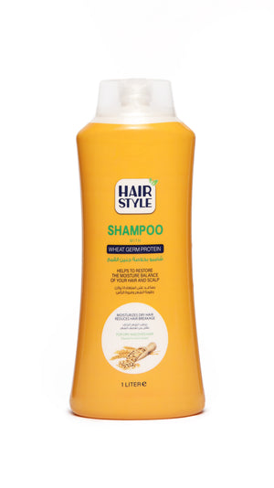 A bottle of Hairstyle shampoo with wheat germ extract, 1000 ml, fl01016, with an orange label and white and green text.