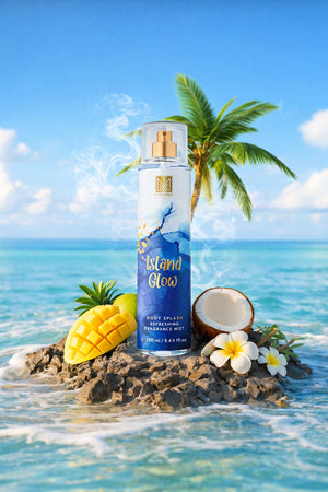Body spray labeled 'Island Glow' on a tropical island with palm tree, coconut, and pineapple.
