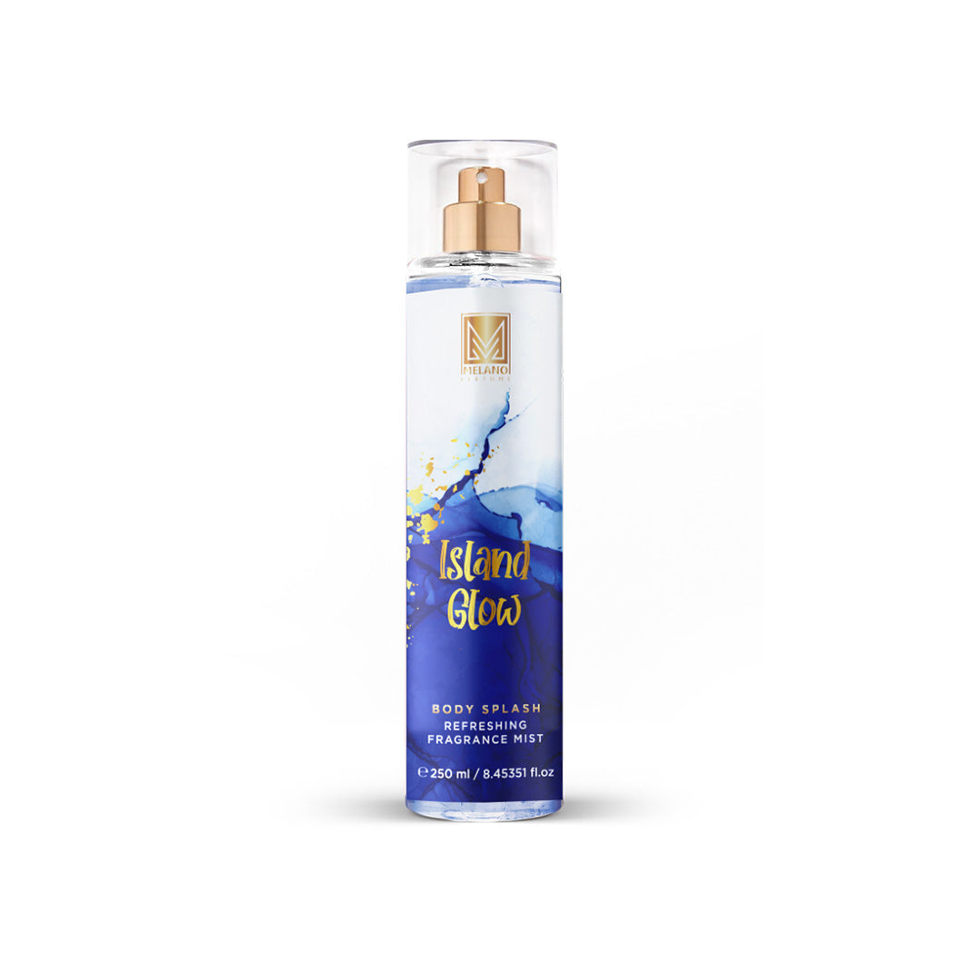 Body splash bottle labeled 'Island Glow' on a white background