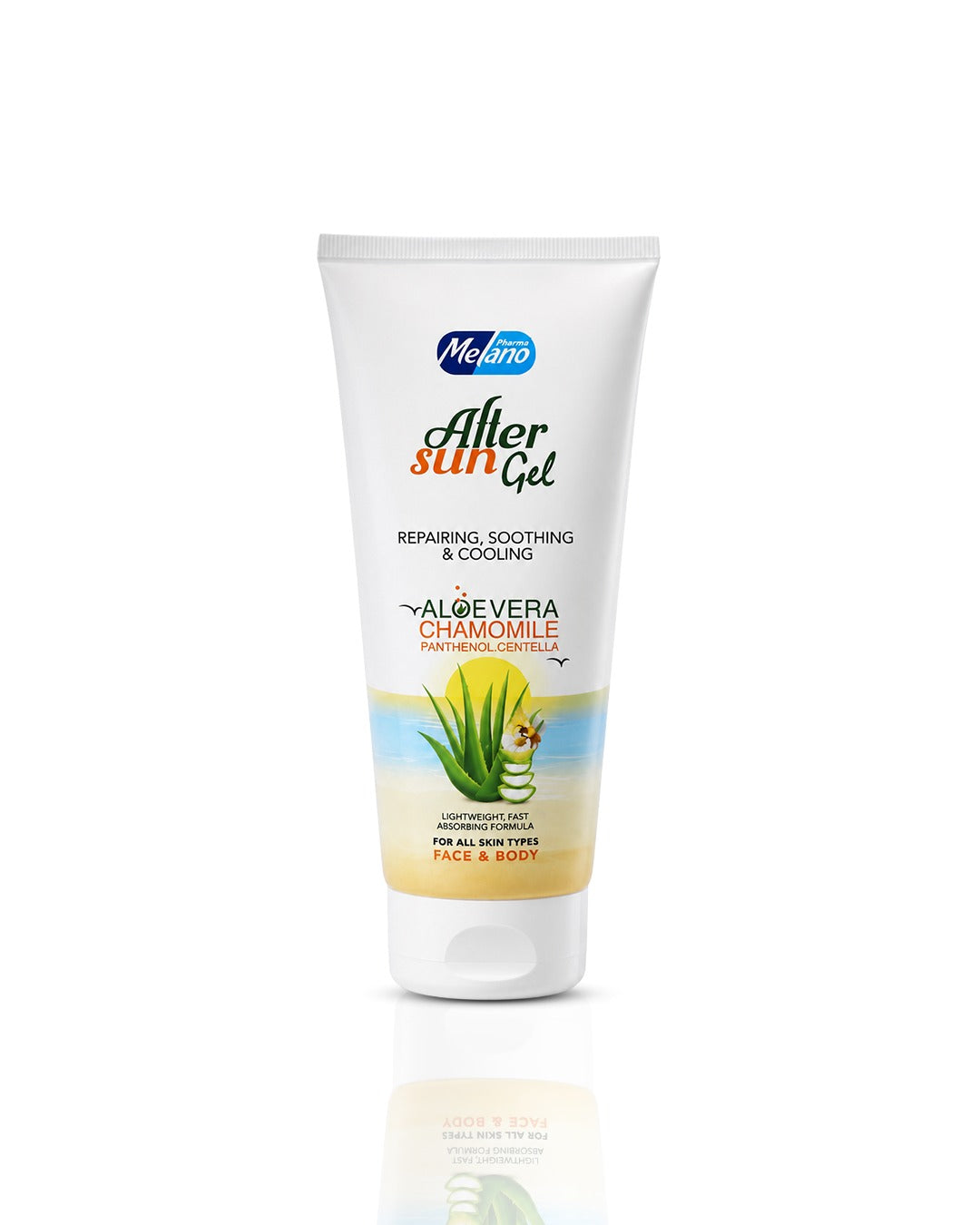 A white squeeze tube of Melano After Sun Gel with aloe vera and chamomile, shown on a clean white background with a soft reflection below.