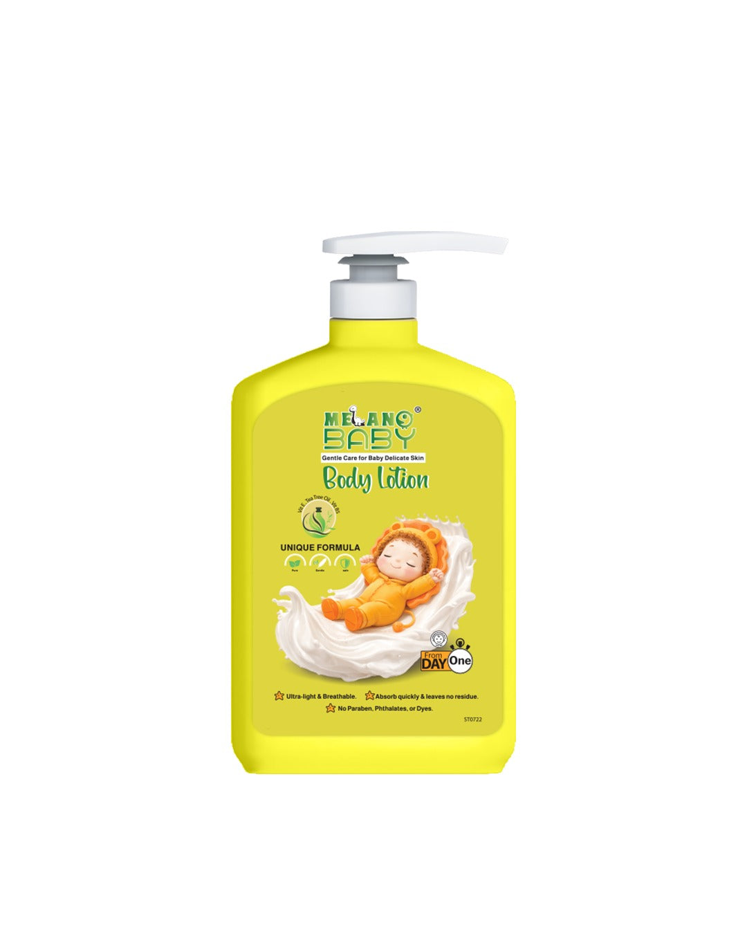 A bottle of Melano Baby Body Lotion in bright yellow, featuring a white pump dispenser and a label with a baby illustration, set against a plain white background.