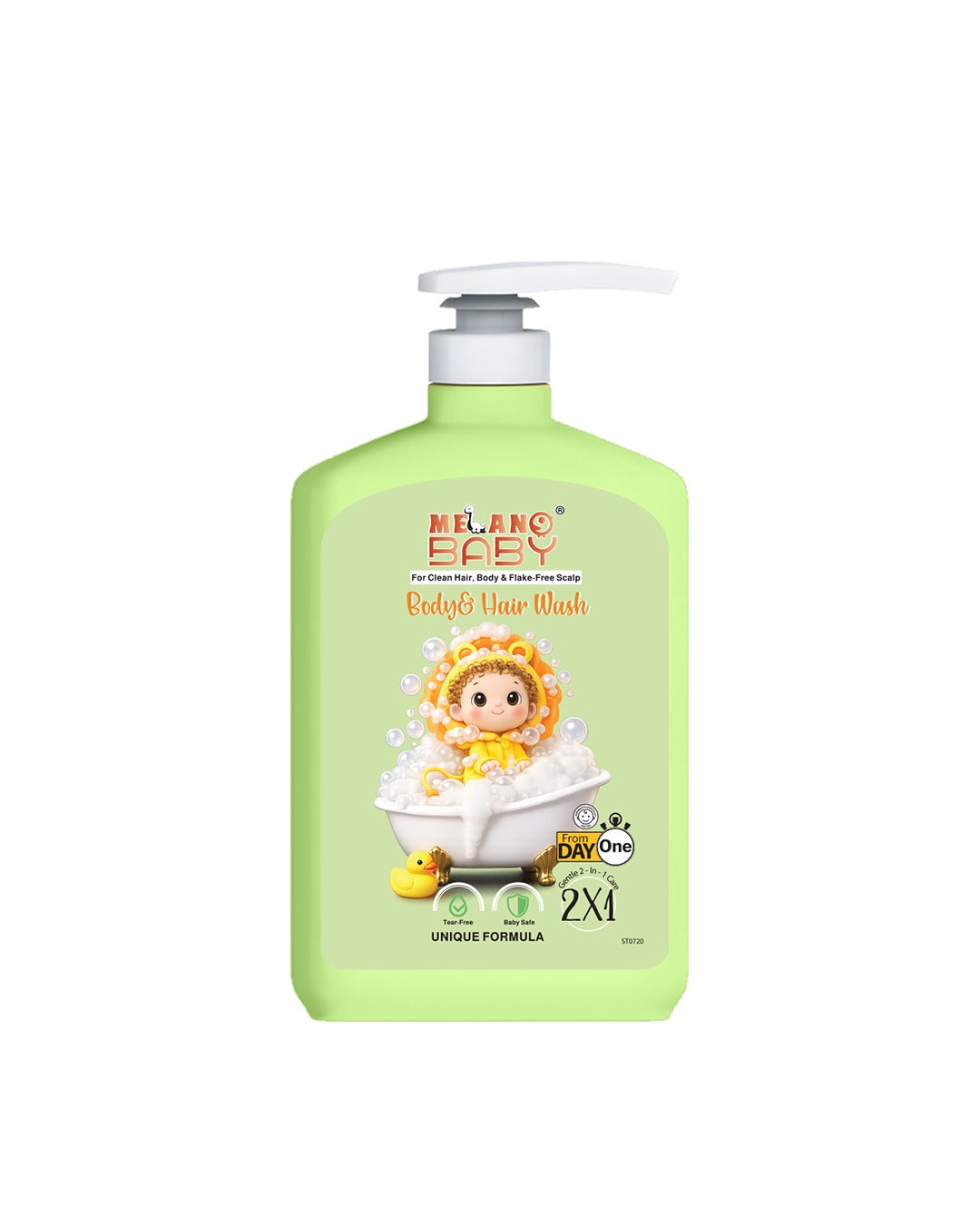 A bottle of Melano Baby Hair & Body Wash in light green with a white pump dispenser, featuring a cartoon illustration of a baby in a yellow hat sitting in a bathtub with a yellow rubber duck.