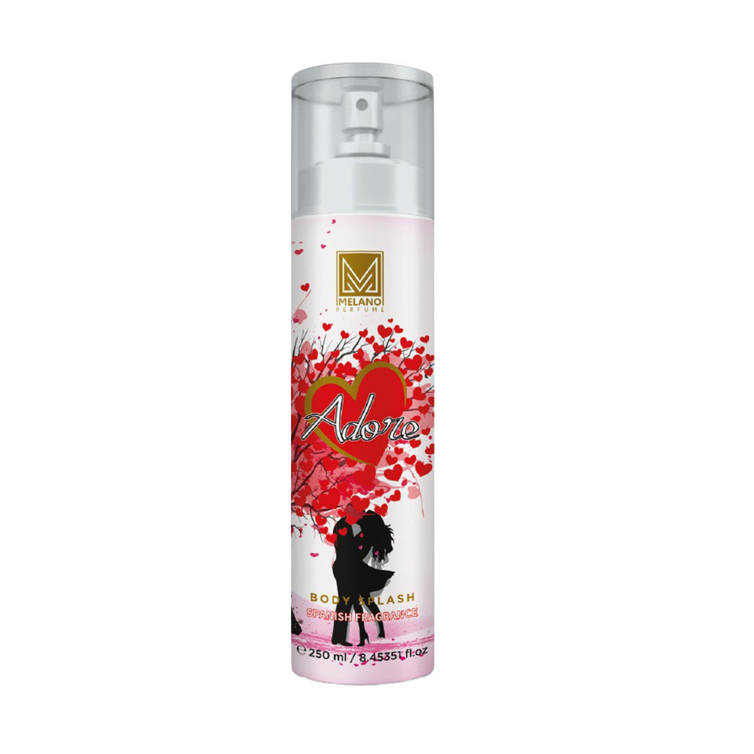 Melano Body splash adore bottle with decorative label featuring a horse and heart design on a white background