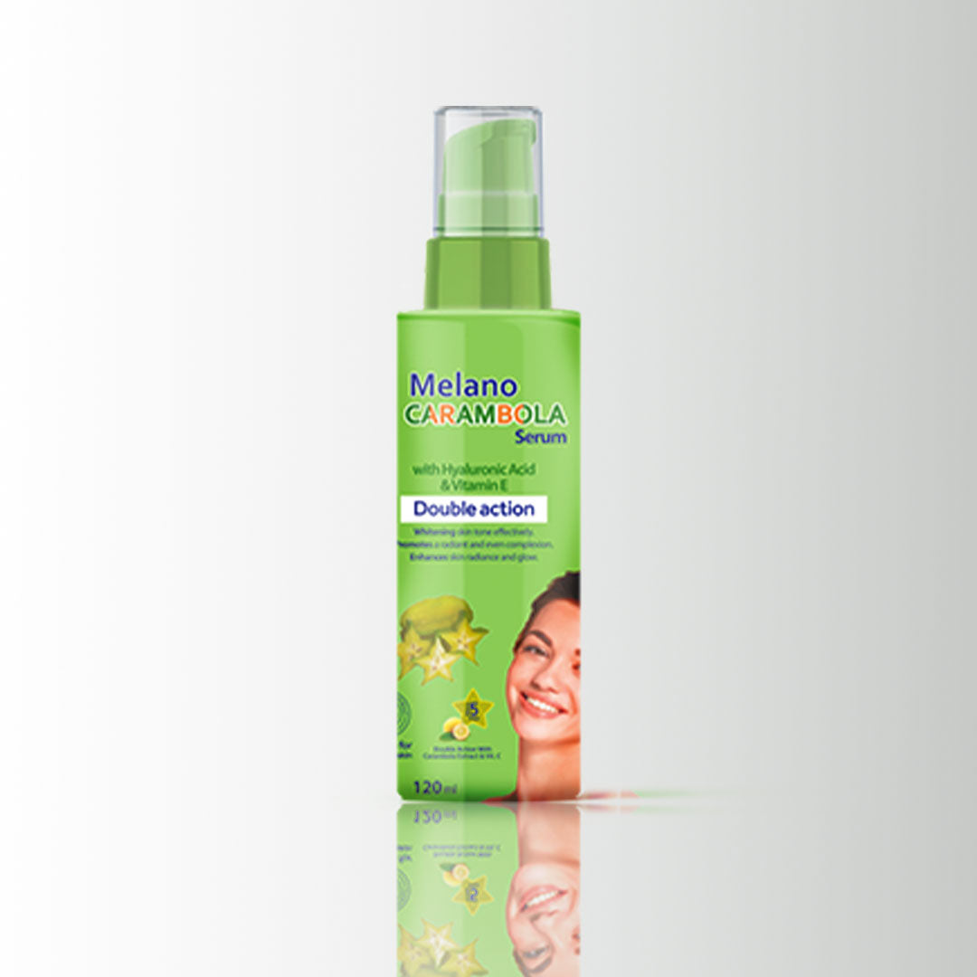 Green bottle of Melano Carambola Serum on a white background