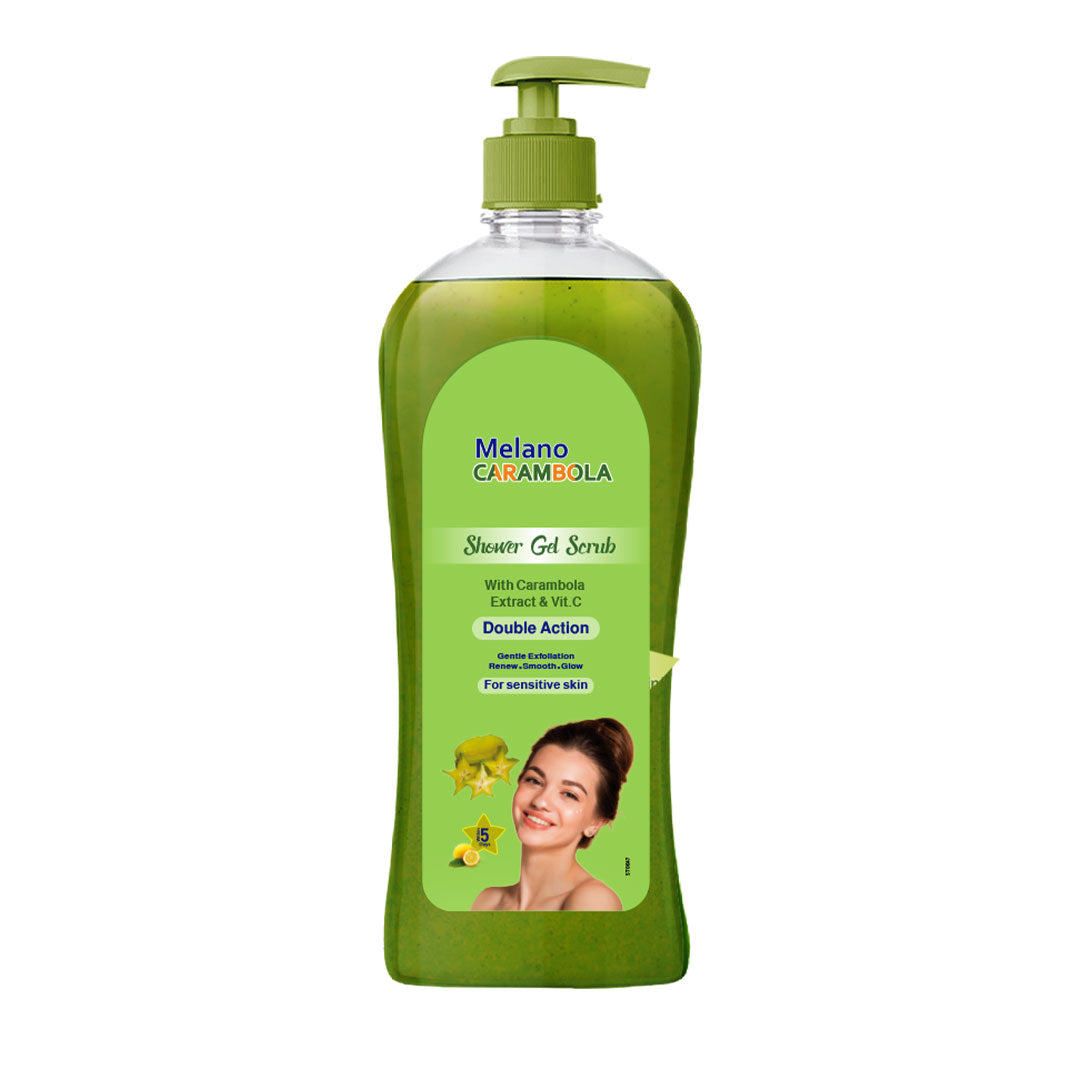 Green bottle of Melano Carambola Shower Gel Scrub on a white background
