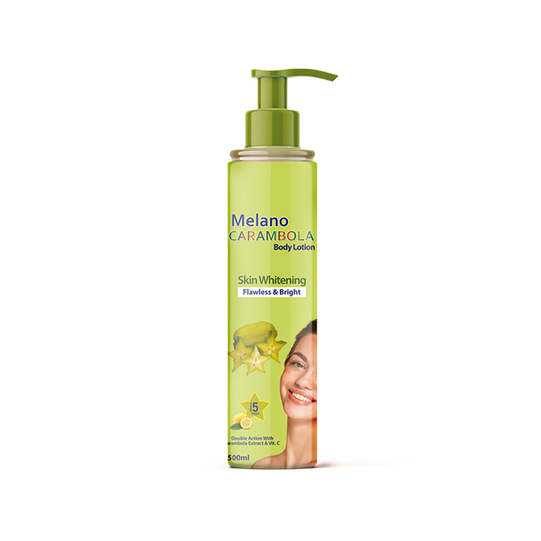 Melano Carambola body lotion bottle on a white background