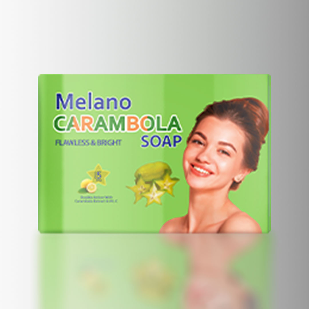 Melano Carambola soap packaging with a woman's face on a green background