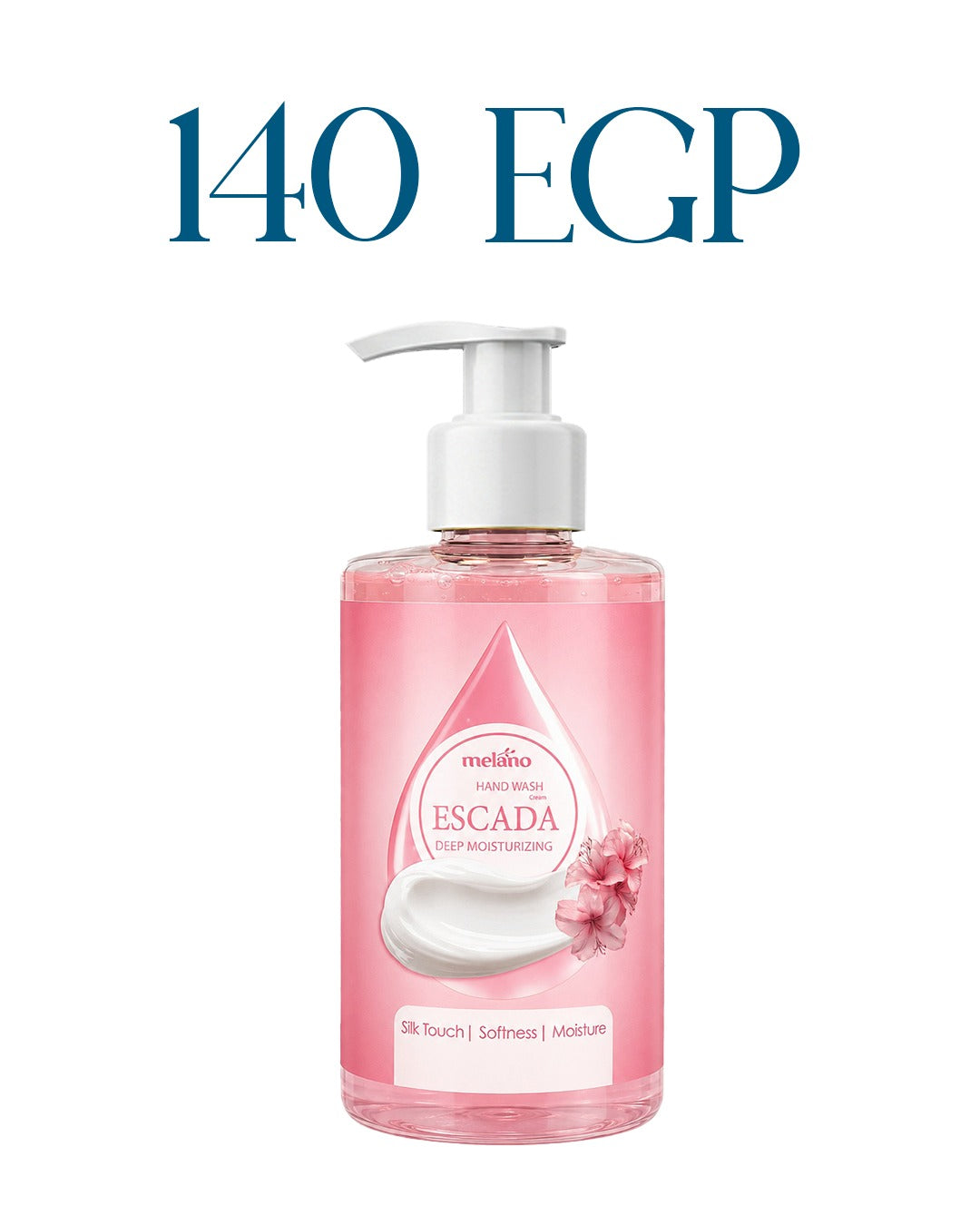 Pink bottle with white pump labeled 'Melano Escada Inspired Hand Wash' on a white background 
