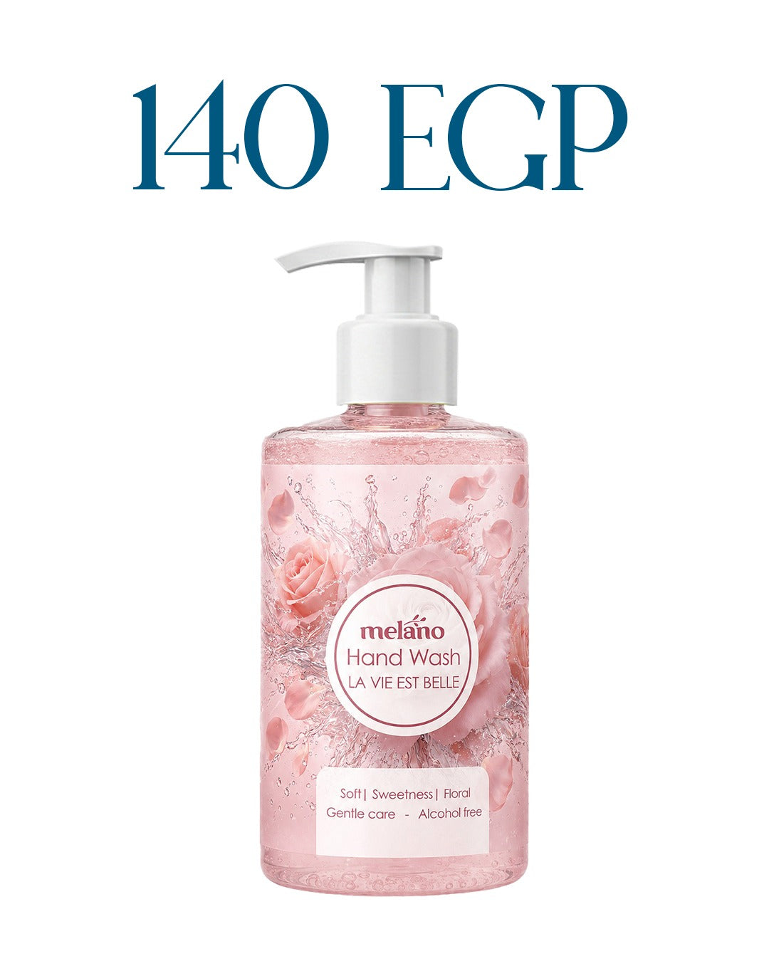 Pink hand wash bottle with pump dispenser on a white background, featuring the brand 'Melano La Vie Est Belle Hand Wash '.
