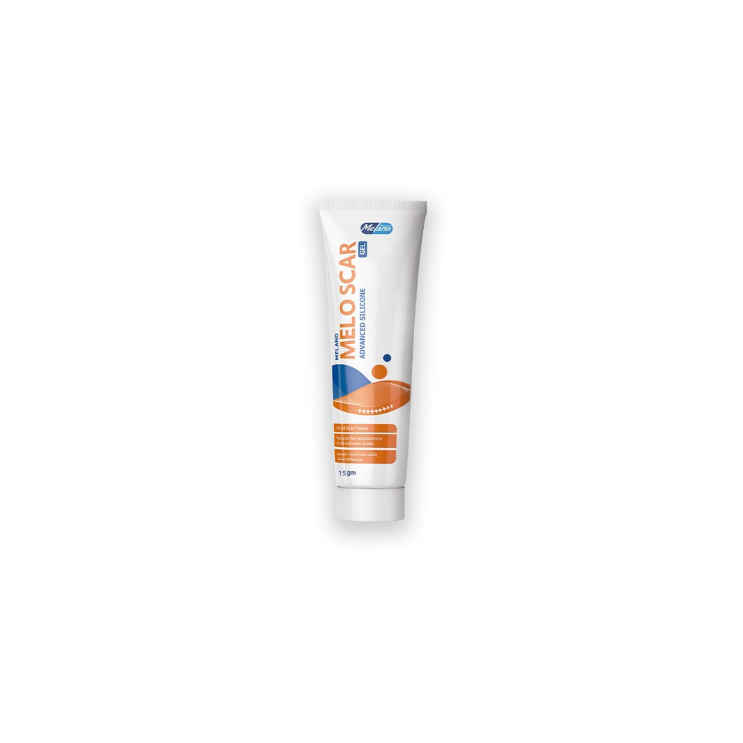 A tube of Melano Meloscar gel against a white background.