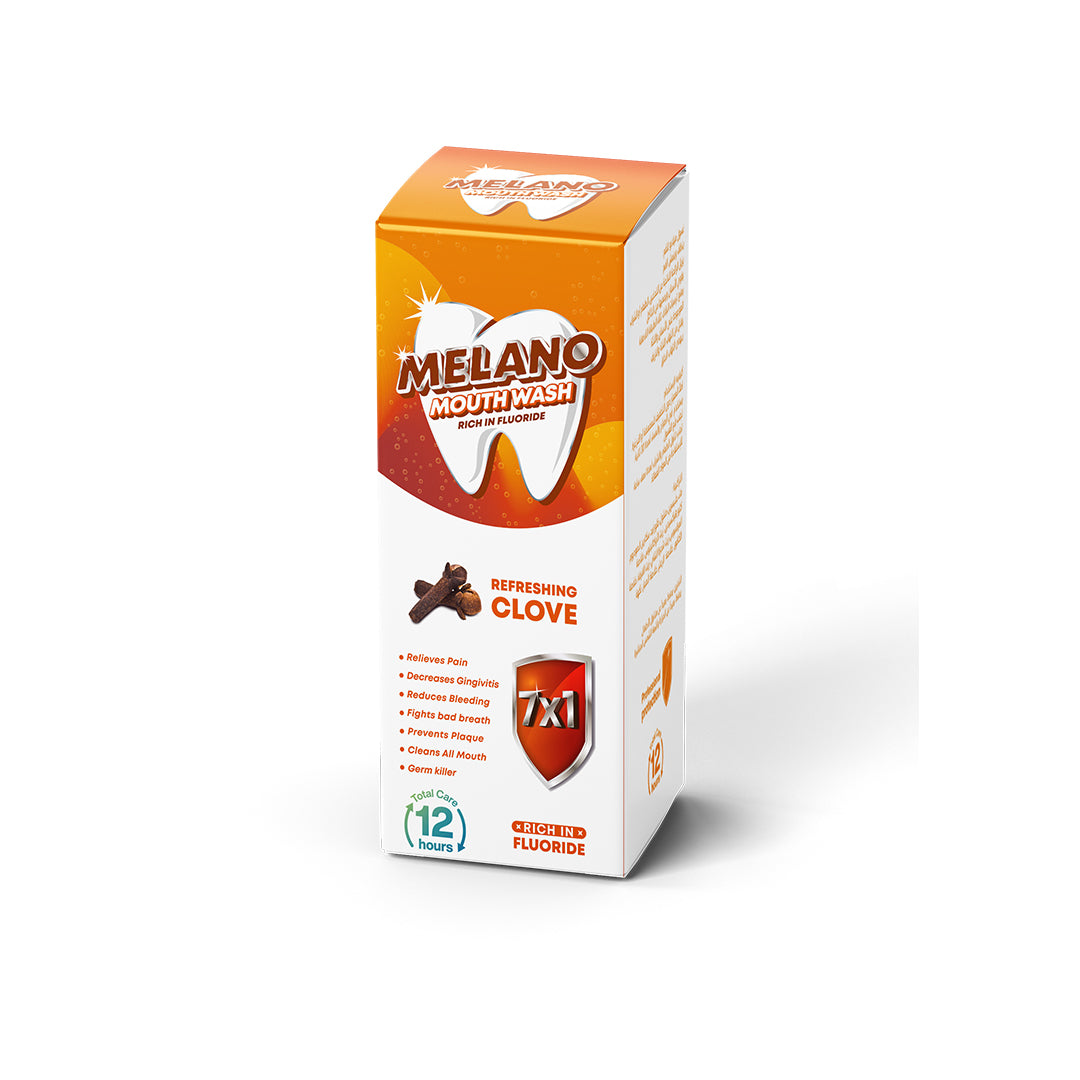 Melano Mouthwash with Clove packaging on a white background