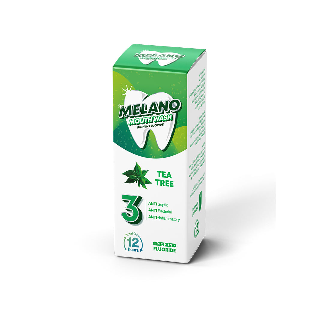 Melano Mouthwash with Green Tea packaging with green and white design on a white background