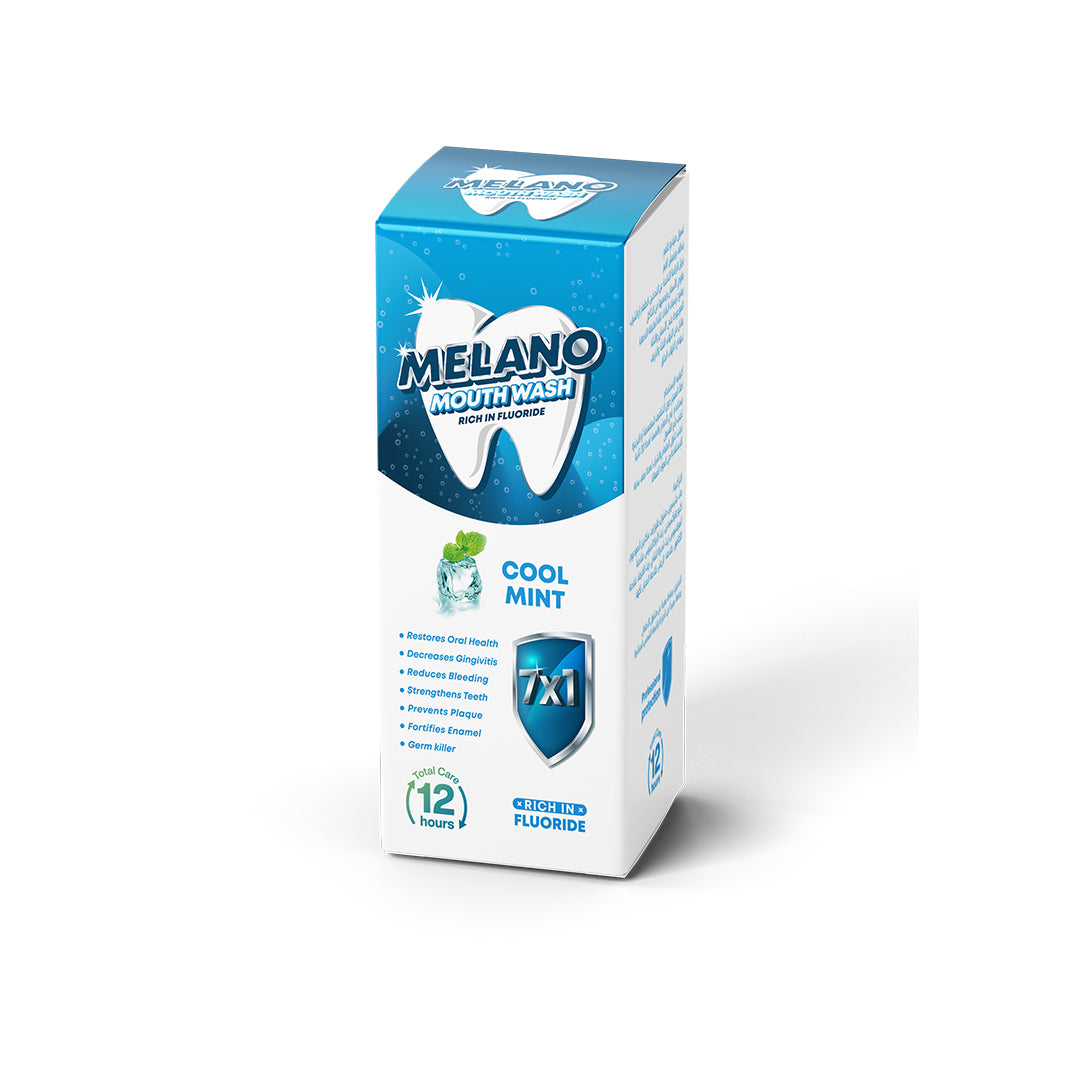 Melano mouthwash packaging with blue and white design on a white background