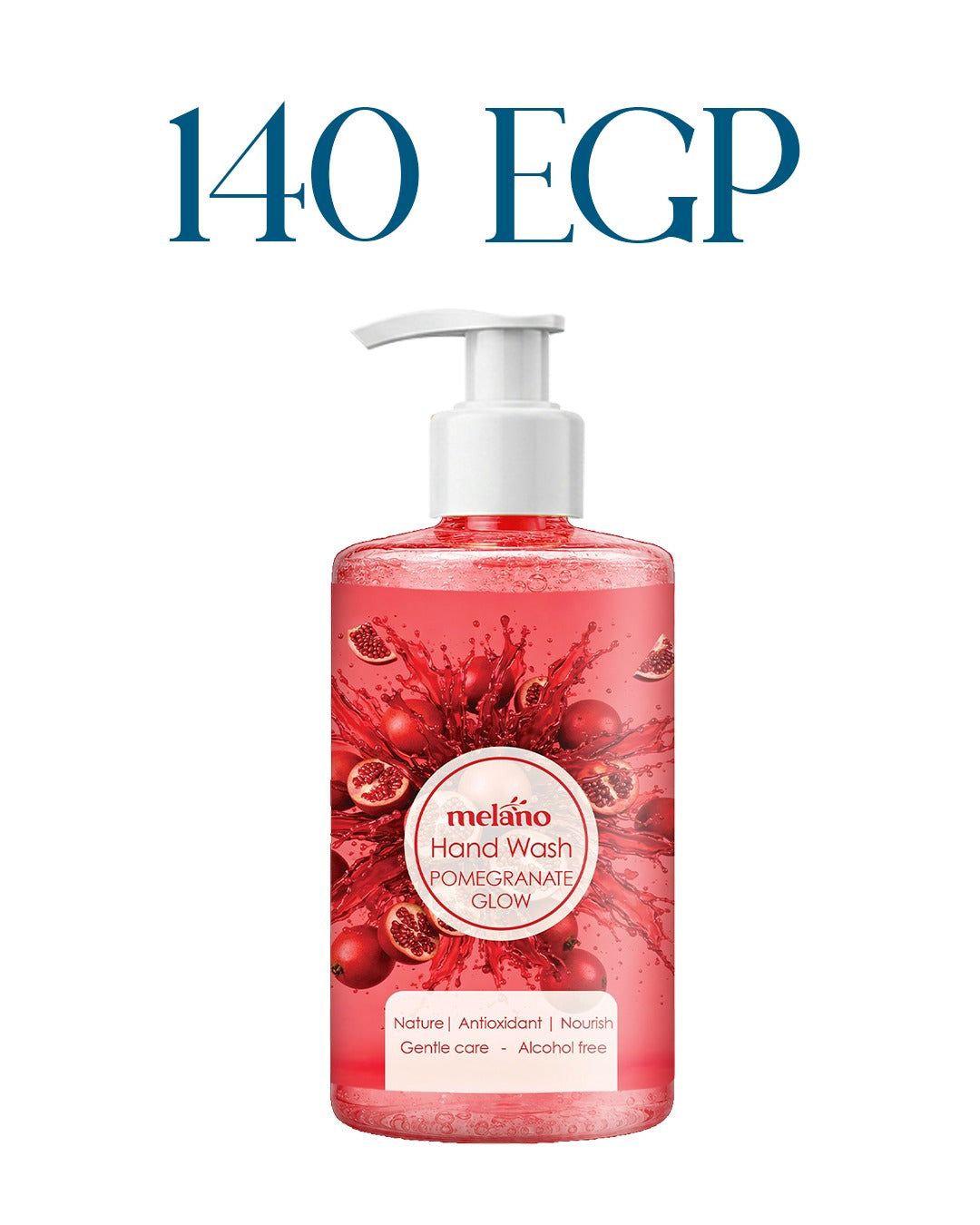 Melano Pomegranate Scent Hand Wash on a white background, featuring the brand 'melano'.