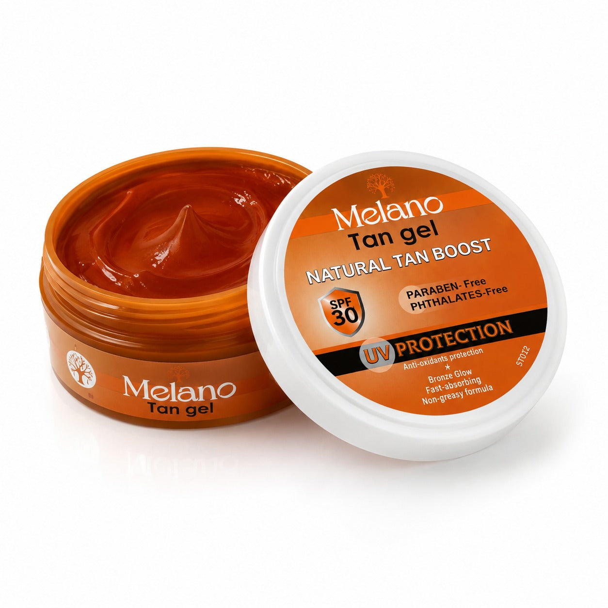 Melano Tan Gel Natural Tan Boost jar with its lid leaning against the open container, showing the rich orange-brown tan gel inside, on a white background.