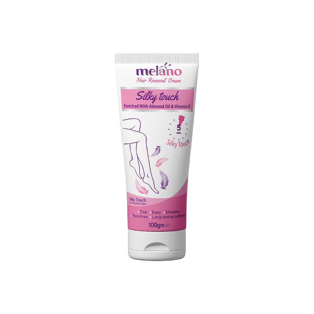 Tube of Melano Silky Touch hair removal cream on a white background