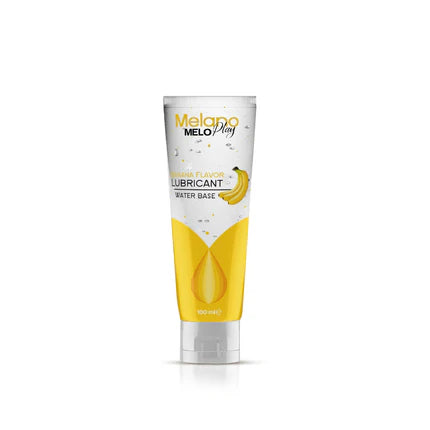 Tube of Melano melo ply intimate lubricant gel Banana Flavornon a white background