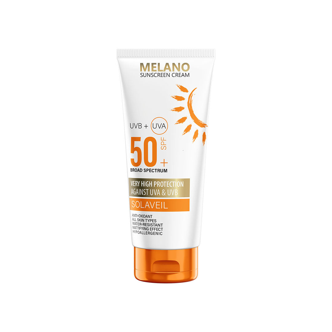 Melano sunscreen cream
 tube with SPF 50+ on a white background