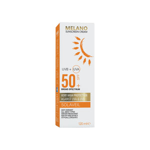 Melano sunscreen cream box with SPF 50 on a white background